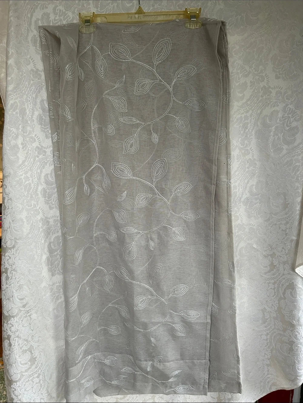 Light Gray Sheer curtains with White & Silver stitch Leaf Embroidery